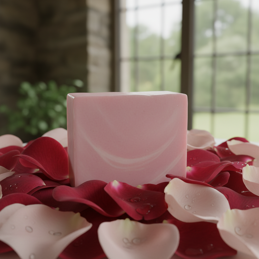 Rose Garden Soap - pink rectangular bar on bed of rose petals