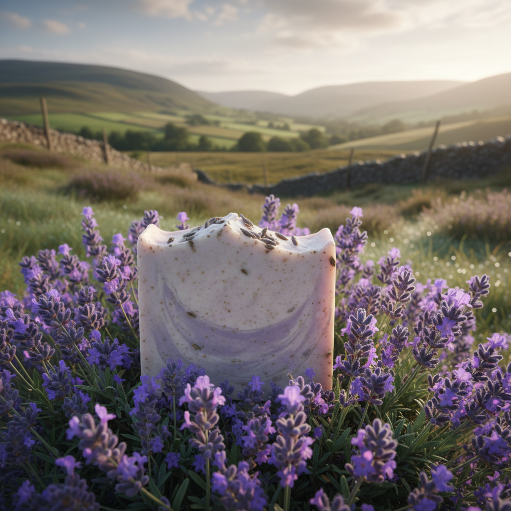 Wild Flower Soap - pale purple bar on lavender with Scottish hills