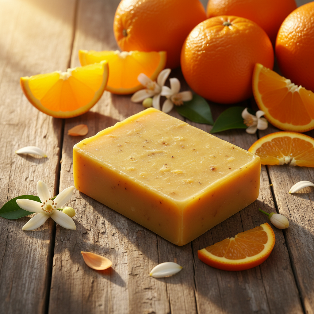 Sunshine Soap - golden bar surrounded by fresh oranges and blossom